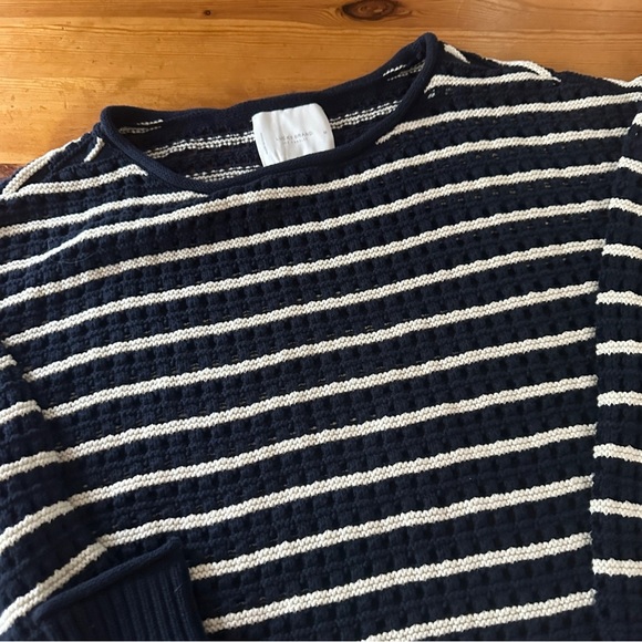 New Lucky Brand Sweater Pointelle Knit Navy Blue/White Stripe Women’s Size M - Picture 6 of 12